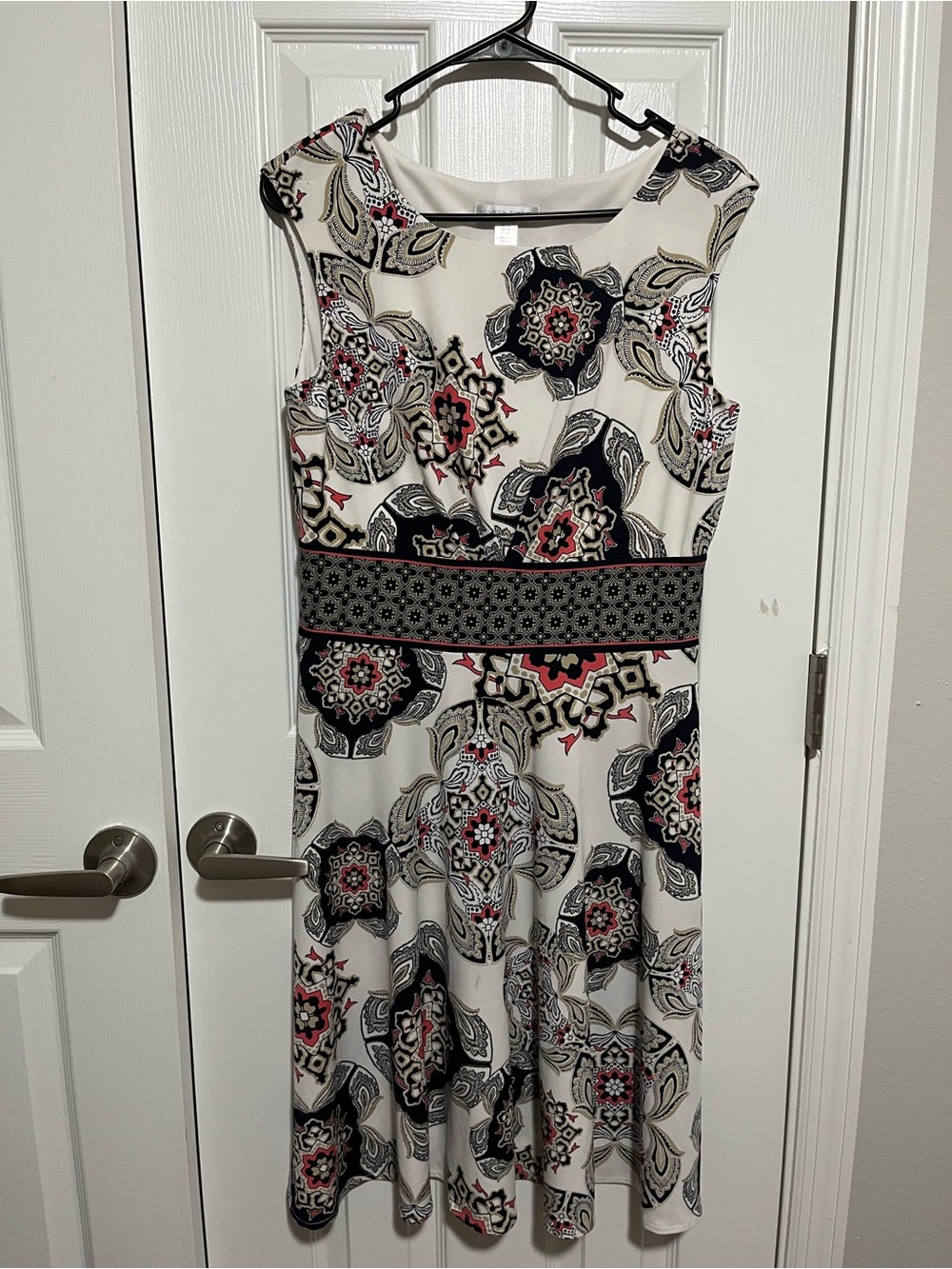 London Times White Fit-and-Flare Dress with Black and Red Medallion Print